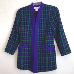 Simon Chang bright green and purple plaid wool
